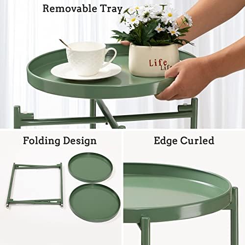 שולחן צד ירוק 2 קומות, מתקפל שולחן קצה מתכת עגול שולחן מבטא שידה קטן עם שני מגש נשלף לחדר שינה סלון ליד המיטה חללים קטנים ירוק כהה